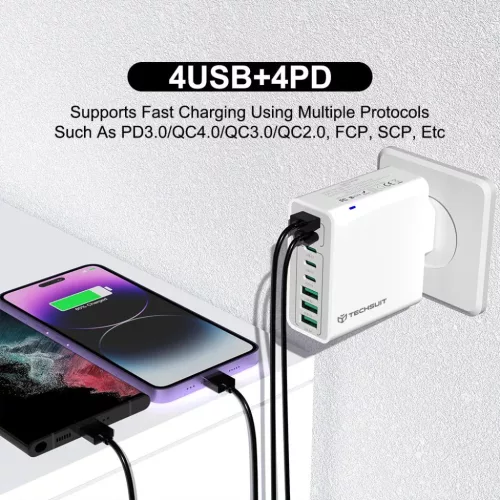 Techsuit - Fali töltő (CHPD224) - 4 x USB, 4 x Type-C, Gyors töltés, 65W - Fehér.