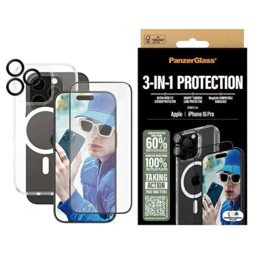 PanzerGlass Csomag 3 az 1-ben iPhone 16 Pro 6.3" D3O Keménytok + Kijelzővédő Üvegfólia + Lencsevédő