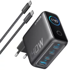   Hálózati Töltő Anker Zolo, 140W, 5A, 1 x USB-A - 3 x USB-C, USB-C Kábel, Fekete (B2697GZ1)