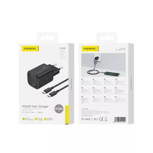FONENG wall charger EU69 PD 20W 1xUSB-C + kábel USB-C - USB-C Fekete