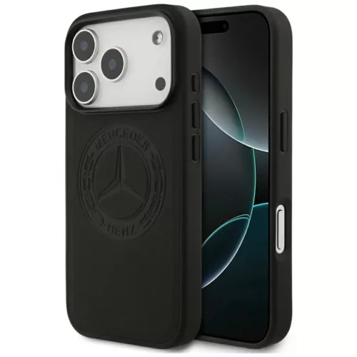 iPhone 17 Pro Mercedes bőrtok vintage logóval MagSafe fekete tok