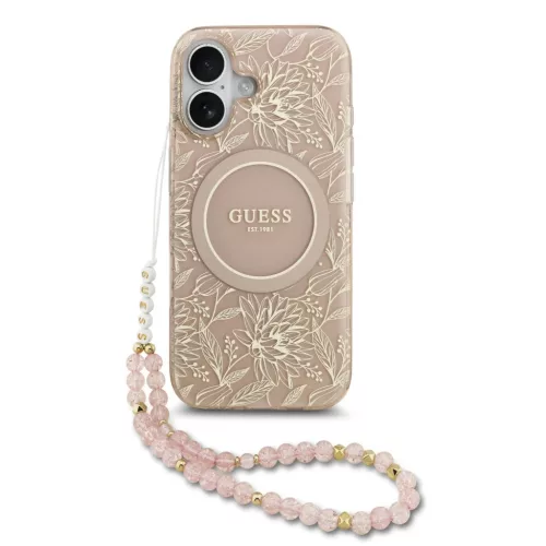 iPhone 17 Pink Guess IML Virágmintás Pántos MagSafe tok