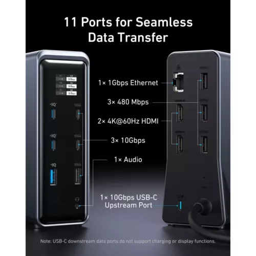 USB-C Hub Anker Prime 737, 2 x USB-A 3.0 - 3 x USB-A - 5 x USB-C - 2 x HDMI - 1 x Jack 3.5mm - 1 x RJ45, Fekete A83B63A1