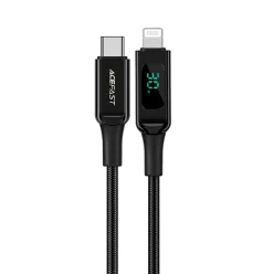   Acefast C6-01 adatkábel Type-C - Lightning, Gyors töltés, 3A, LED kijelző, 1.2m - Fekete