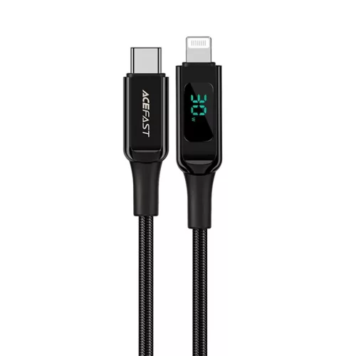Acefast C6-01 adatkábel Type-C - Lightning, Gyors töltés, 3A, LED kijelző, 1.2m - Fekete