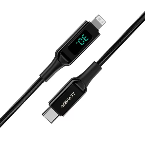 Acefast C6-01 adatkábel Type-C - Lightning, Gyors töltés, 3A, LED kijelző, 1.2m - Fekete
