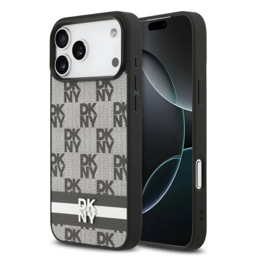 DKNY PU bőr kockás minta és csíkos tok iPhone 17 Pro Max fekete tok