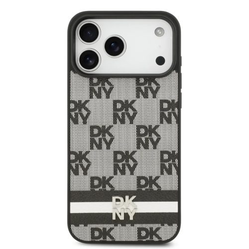 DKNY PU bőr kockás minta és csíkos tok iPhone 17 Pro Max fekete tok