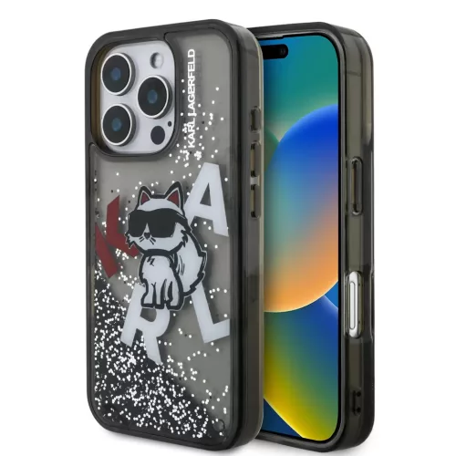 iPhone 16 Pro fekete Karl Lagerfeld Liquid Glitter Szórt Choupette tok