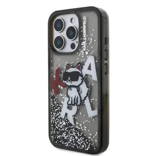 iPhone 16 Pro fekete Karl Lagerfeld Liquid Glitter Szórt Choupette tok