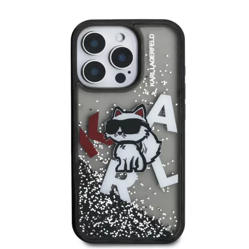 iPhone 16 Pro fekete Karl Lagerfeld Liquid Glitter Szórt Choupette tok