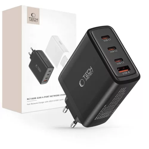 Tech-Protect NC100W-GAN GaN hálózati töltő 3x USB-C PD 100W / USB-A QC 3.0 - fekete