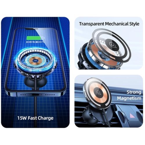 Szellőzőbe szerelhető átlátszó USAMS CD164DZ02 mágneses vezeték nélküli autós tartó 15W 2 az 1-ben
