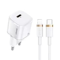   USAMS T36 mini töltő 1xUSB-C 20W + USB-C-Lightning kábel fehér PD 3.0 gyorstöltéssel (US-CC124 + US-SJ484)