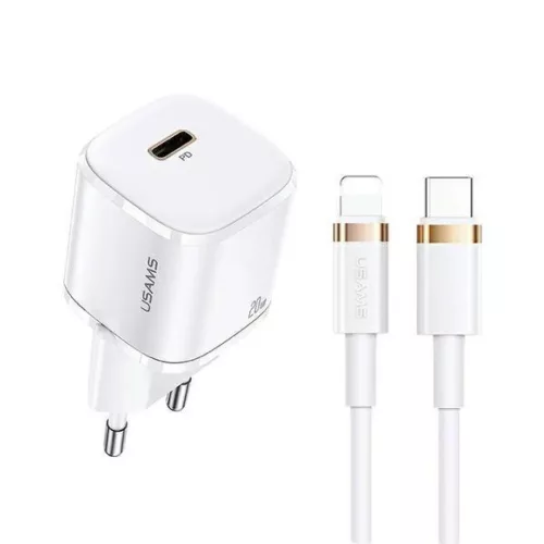 USAMS T36 mini töltő 1xUSB-C 20W + USB-C-Lightning kábel fehér PD 3.0 gyorstöltéssel (US-CC124 + US-SJ484)