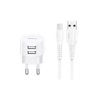 USAMS T20 hálózati töltő adapter 2xUSB 2,1A microUSB kábellel fehér