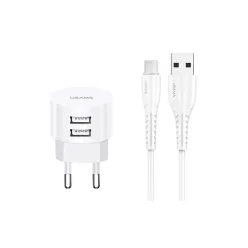   USAMS T20 hálózati töltő adapter 2xUSB 2,1A microUSB kábellel fehér