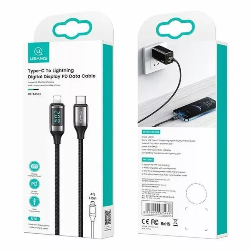 USAMS U78 USB-C – Lightning gyorstöltő kábel LED kijelzővel 1,2 m 20 W PD fehér (US-SJ545)
