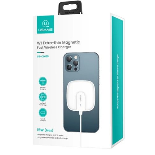 USAMS CD159 W1 Extra vékony MagSafe vezeték nélküli Qi mágneses töltő 15W fehér