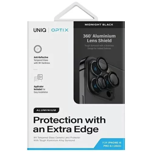 Uniq Optix Aluminium Kamera Lencsevédő iPhone 15 Pro kamerához applikátorral - fekete