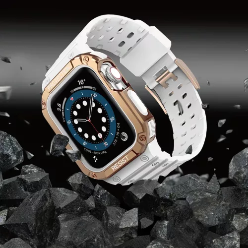 Apple Watch 8/7/6/5/4/3/2 / SE (41/40 / 38mm) Armored Óraszíj és Tok Fehér / Bronz