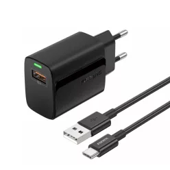   Foneng EU64 fali töltő - USB - 18W, USB típusú C kábel fekete
