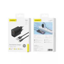   FONENG fali töltő EU63 2.4A 12W 2xUSB + kábel Villámfekete,