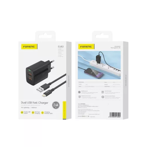 FONENG fali töltő EU63 2.4A 12W 2xUSB + kábel Villámfekete,