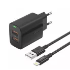 FONENG fali töltő EU63 2.4A 12W 2xUSB + kábel Villámfekete,
