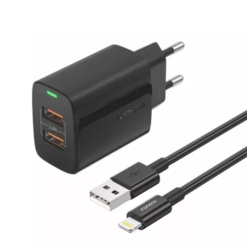 FONENG fali töltő EU63 2.4A 12W 2xUSB + kábel Villámfekete,
