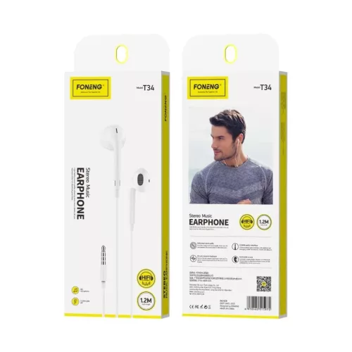 FONENG vezetékes fülhallgatók T34 JACK 3,5 MM mikrofonnal 1,2M Fehér