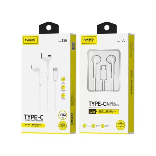 FONENG vezetékes fülhallgató T36 USB-C mikrofonnal 1.2M Fehér