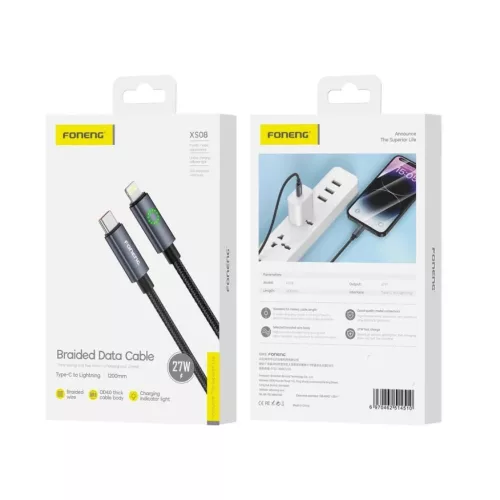 USB-C - Lightning XS08 FONENG kábel, PD 27W 1.2M Fekete