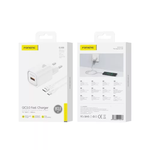 FONENG fali töltő EU68 18W 1xUSB QC3.0 + kábel USB-C Fehér