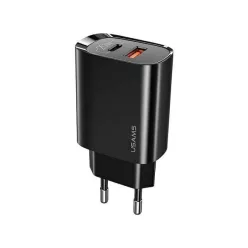   USAMS T35 hálózati töltő adapter 1xUSB-C + 1xUSB 20W PD3.0 + QC3.0 Gyorstöltés fekete (US-CC121)