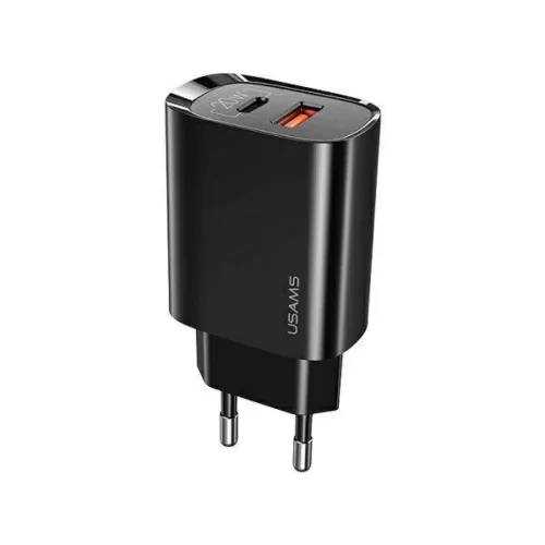 USAMS T35 hálózati töltő adapter 1xUSB-C + 1xUSB 20W PD3.0 + QC3.0 Gyorstöltés fekete (US-CC121)