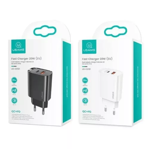 USAMS T35 hálózati töltő adapter 1xUSB-C + 1xUSB 20W PD3.0 + QC3.0 Gyorstöltés fekete (US-CC121)