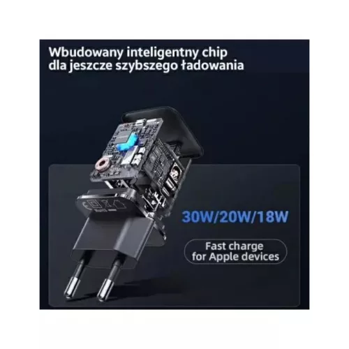 USAMS T45 hálózati töltő adapter USB-C 30W PD3.0 + QC3.0 gyorstöltés + kábel U63 USB-C / lightning fekete (USAMS-UX)