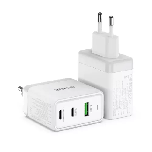 Duzzona 3 portos GaN hálózati töltő adapter 2 x USB Type C + USB 65W PD QC3.0 fehér