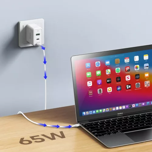 Duzzona 3 portos GaN hálózati töltő adapter 2 x USB Type C + USB 65W PD QC3.0 fehér