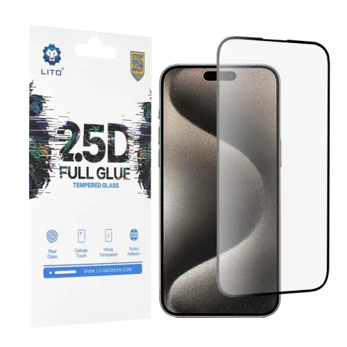 Lito - 2.5D Teljes Ragasztós Üvegfólia - iPhone 15 Pro Max - Fekete üvegfólia