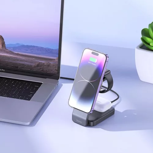HOCO vezeték nélküli töltő 3 az 1-ben kompatibilis MagSafe 15W CQ3 fekete