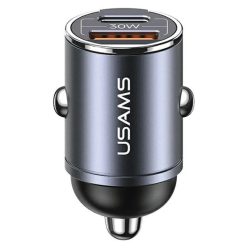   USAMS Autós Töltő 1xUSB+1xUSB-C C38 30WPD Gyors Töltés Beépített Gyűrű Acél/Szürkés CC206CC
