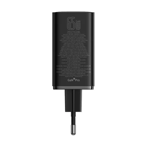 Baseus - Fali töltő GaN (P10162701113-00) - 2x USB, 2x Type-C, 65W, kábel Type-C to Type-C - Fekete