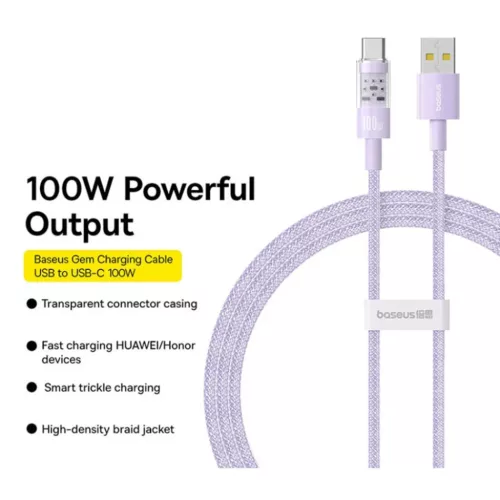 Baseus Data Cable Gem USB Type-C csatlakozóval, Szuper Gyors Töltés 100W, 2m - Nebula Purple