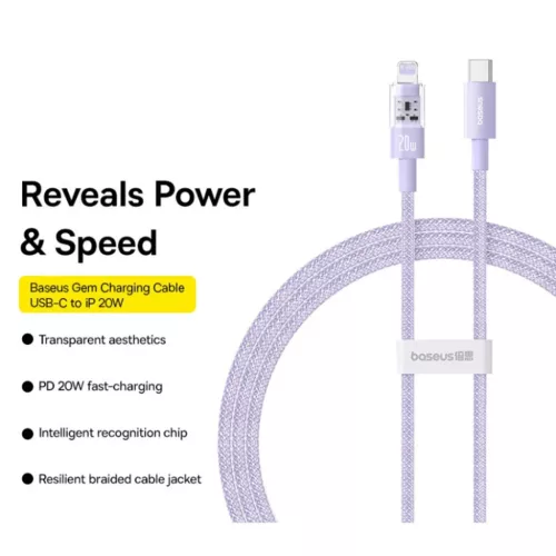 USB-C to Lightning 20W Gyors töltőkábel, 2m - Nebula Purple Baseus - Data Cable Gem (P10373001511-01)