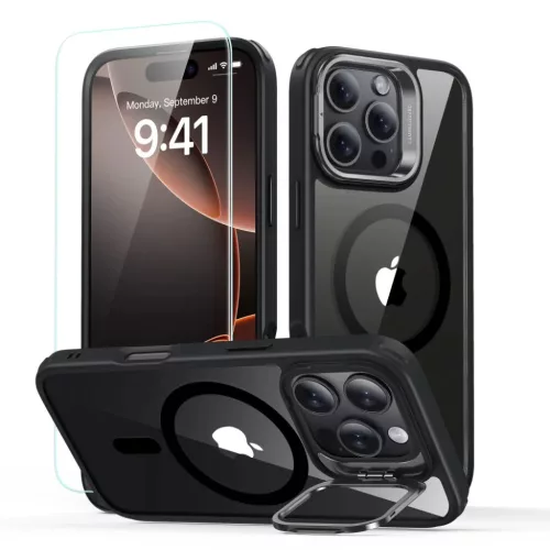 iPhone 16 Pro átlátszó/fekete ESR Classic Hybrid Kickstand HaloLock MagSafe tok & edzett üveg