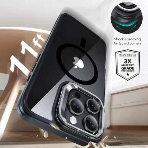 iPhone 16 Pro átlátszó/fekete ESR Classic Hybrid Kickstand HaloLock MagSafe tok & edzett üveg