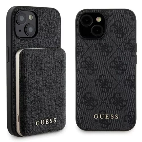 Guess 4G Metal Logo tok szett iPhone 15-höz + 5000mAh MagSafe power bank - fekete