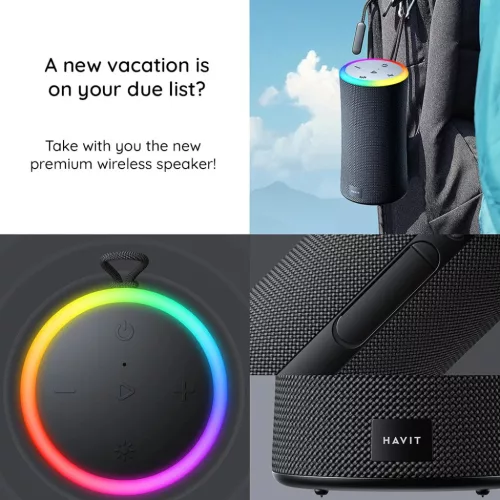 Havit Wireless Speaker (SK833BT) Type-C, Bluetooth 5.3, TWS, TF, USB, Kihangosított hívások, RGB világítás, IPX6, 4000mAh Fekete